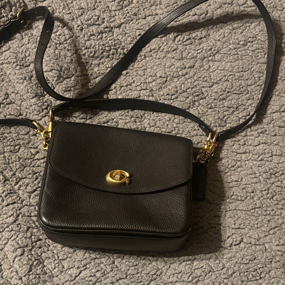 Coach Black Pebbled Leather Turnlock Crossbody Bag with Gold Hardware